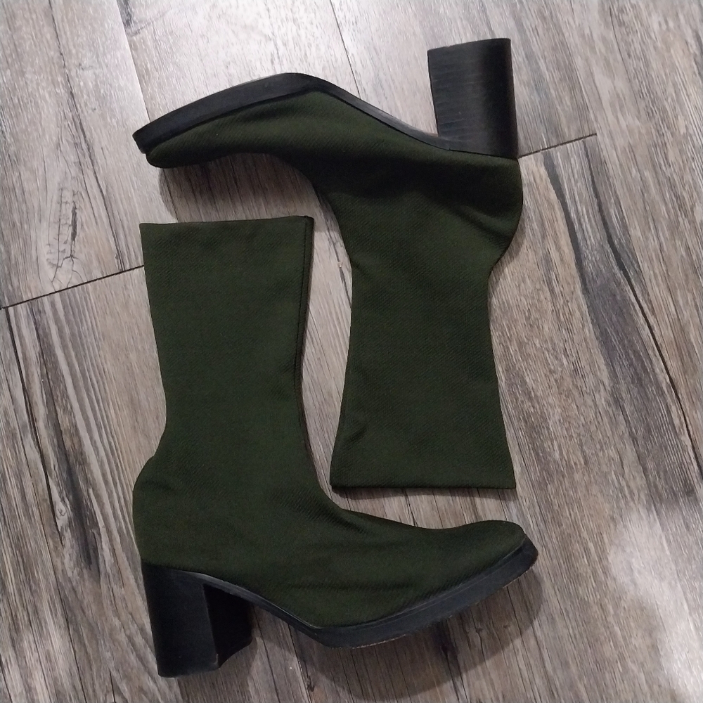 Zoomp Ankle Sock Boots Women 38 Green Chunky Heel Stretchy Elastic Boots Boho
